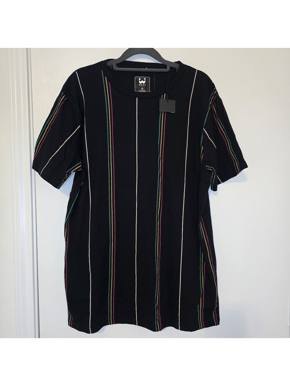 WXYZ Mfg. Co. Black & Colorful Pinstripe T-Shirt Urban Streetwear Rainbow